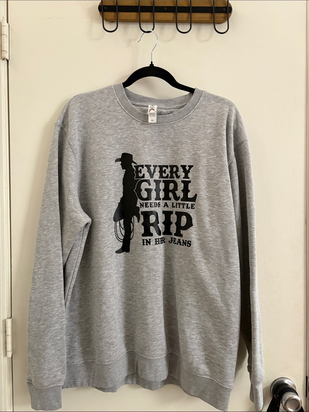 Gray Graphic Crewneck Sweatshirt - 'Every Girl Needs a Little Rip in her Jeans’